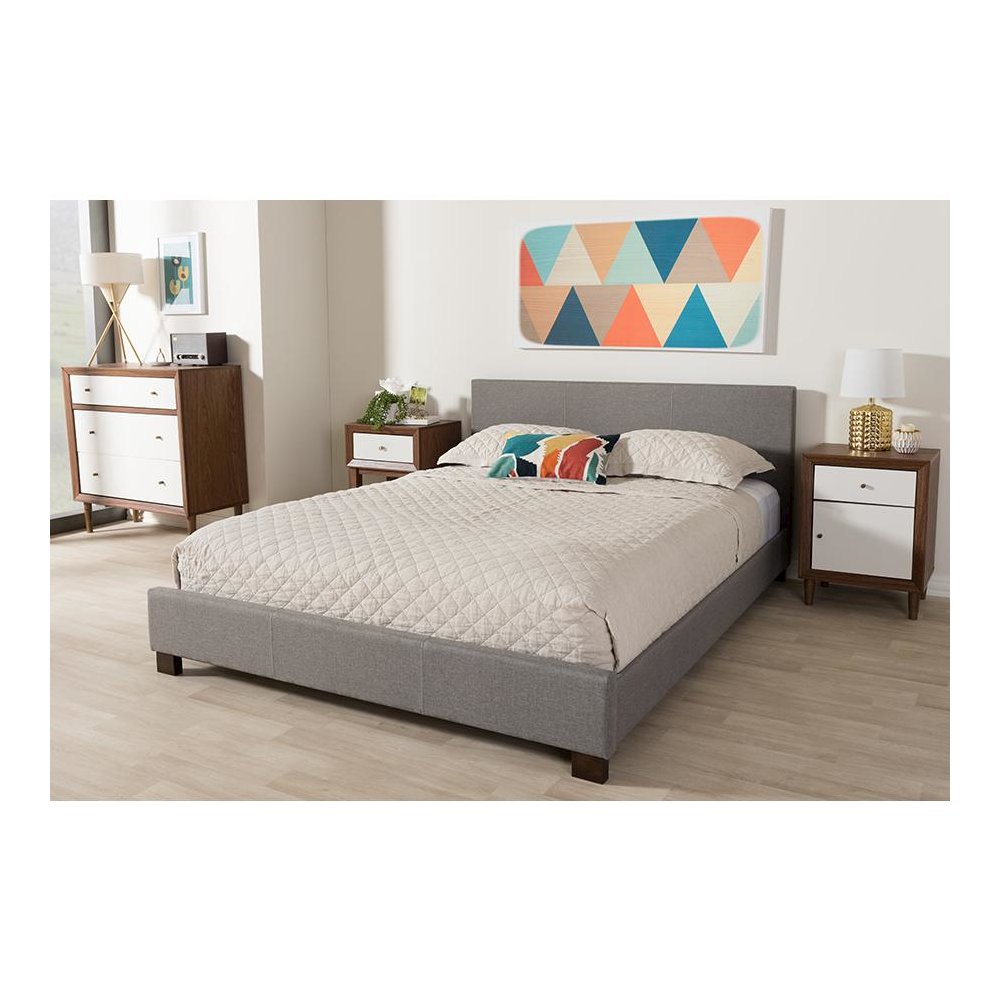 Grey Fabric Upholstered Panel-Stitched Full Size Platform Bed