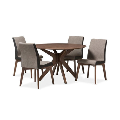 Baxton Studio Kimberly Mid-Century Modern Walnut Wood Round 5-Piece Dining Set