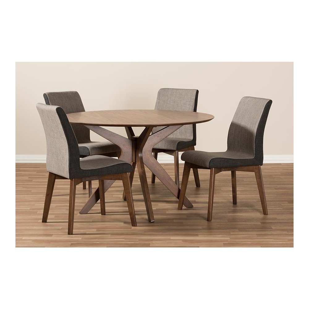 Baxton Studio Kimberly Mid-Century Modern Walnut Wood Round 5-Piece Dining Set