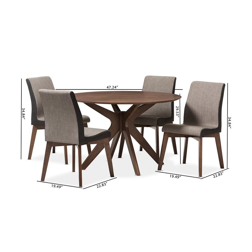 Baxton Studio Kimberly Mid-Century Modern Walnut Wood Round 5-Piece Dining Set