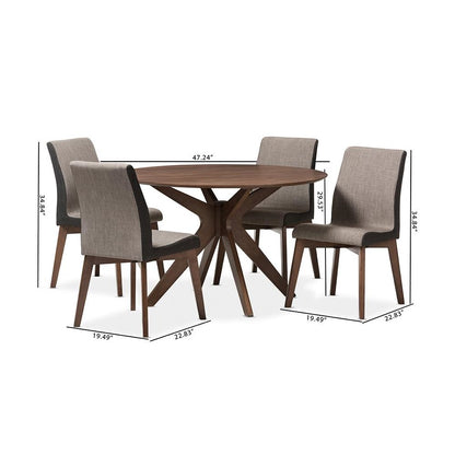 Baxton Studio Kimberly Mid-Century Modern Walnut Wood Round 5-Piece Dining Set