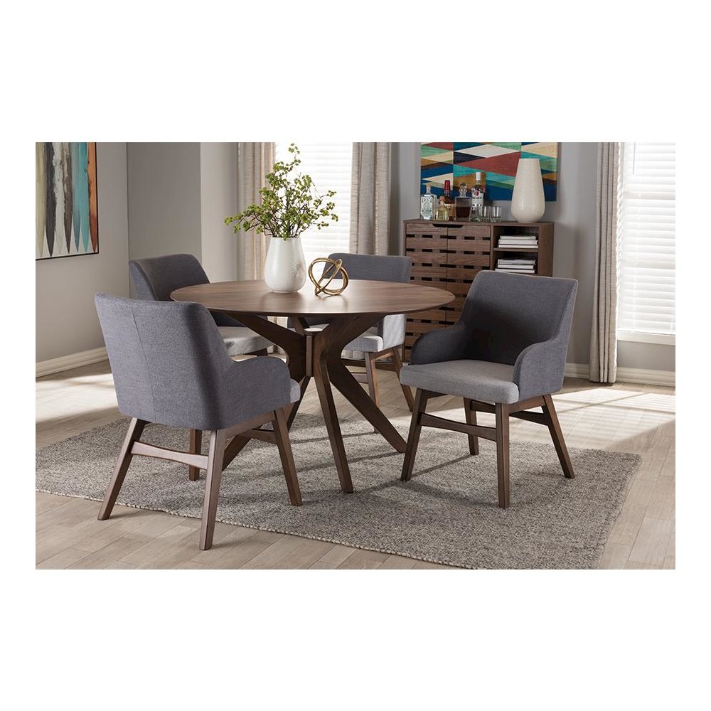Baxton Studio Monte Mid-Century Modern Walnut Wood Round 5-Piece Dining Set
