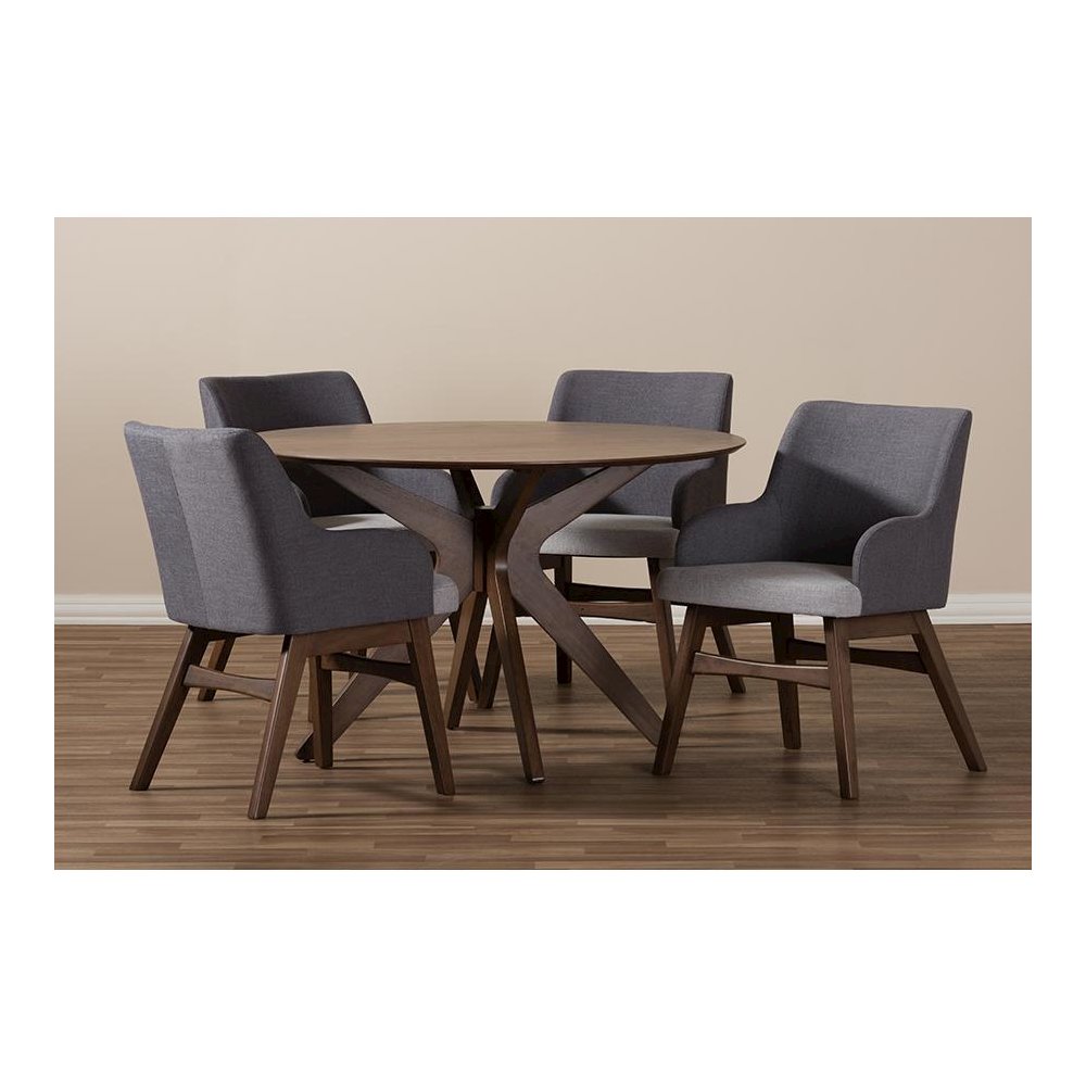 Baxton Studio Monte Mid-Century Modern Walnut Wood Round 5-Piece Dining Set