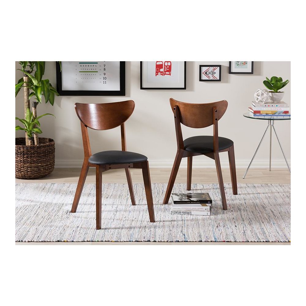 Sumner Mid-Century Black Faux Leather and Walnut Brown Dining Chair