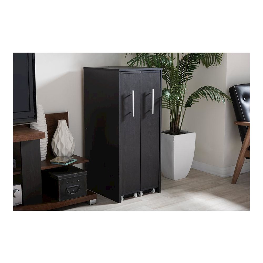 Lindo Dark Brown Wood Bookcase with Two Pulled-out Doors Shelving Cabinet