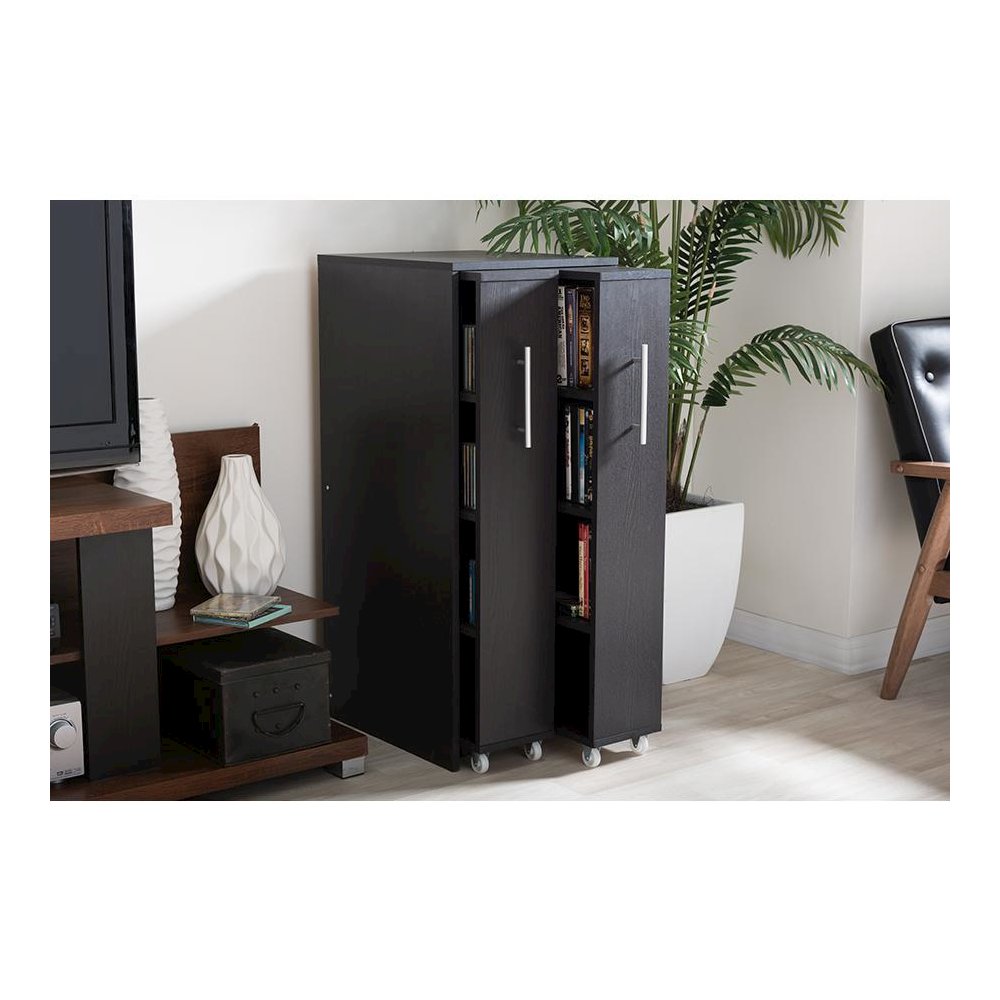 Lindo Dark Brown Wood Bookcase with Two Pulled-out Doors Shelving Cabinet