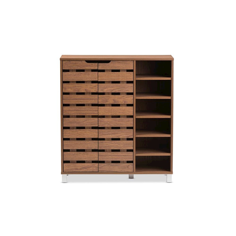 "Walnut" Medium Brown Wood 2-Door Shoe Cabinet with Open Shelves