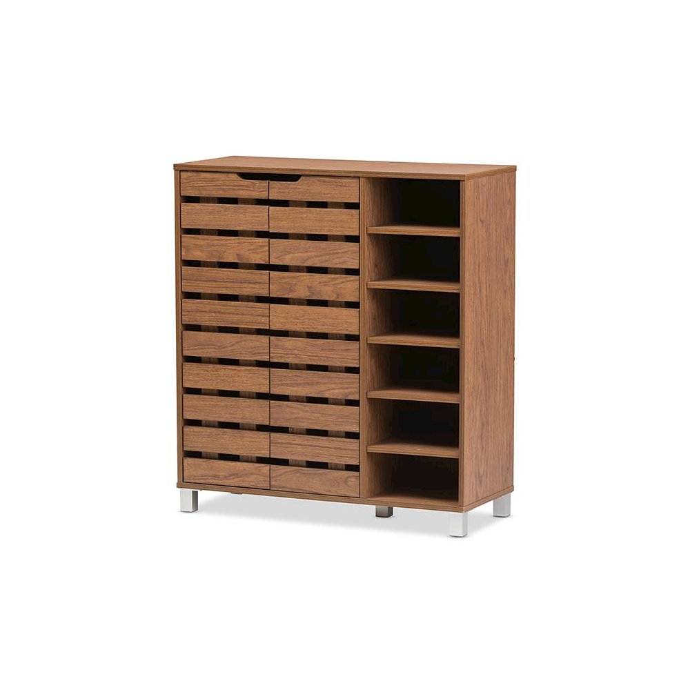 "Walnut" Medium Brown Wood 2-Door Shoe Cabinet with Open Shelves