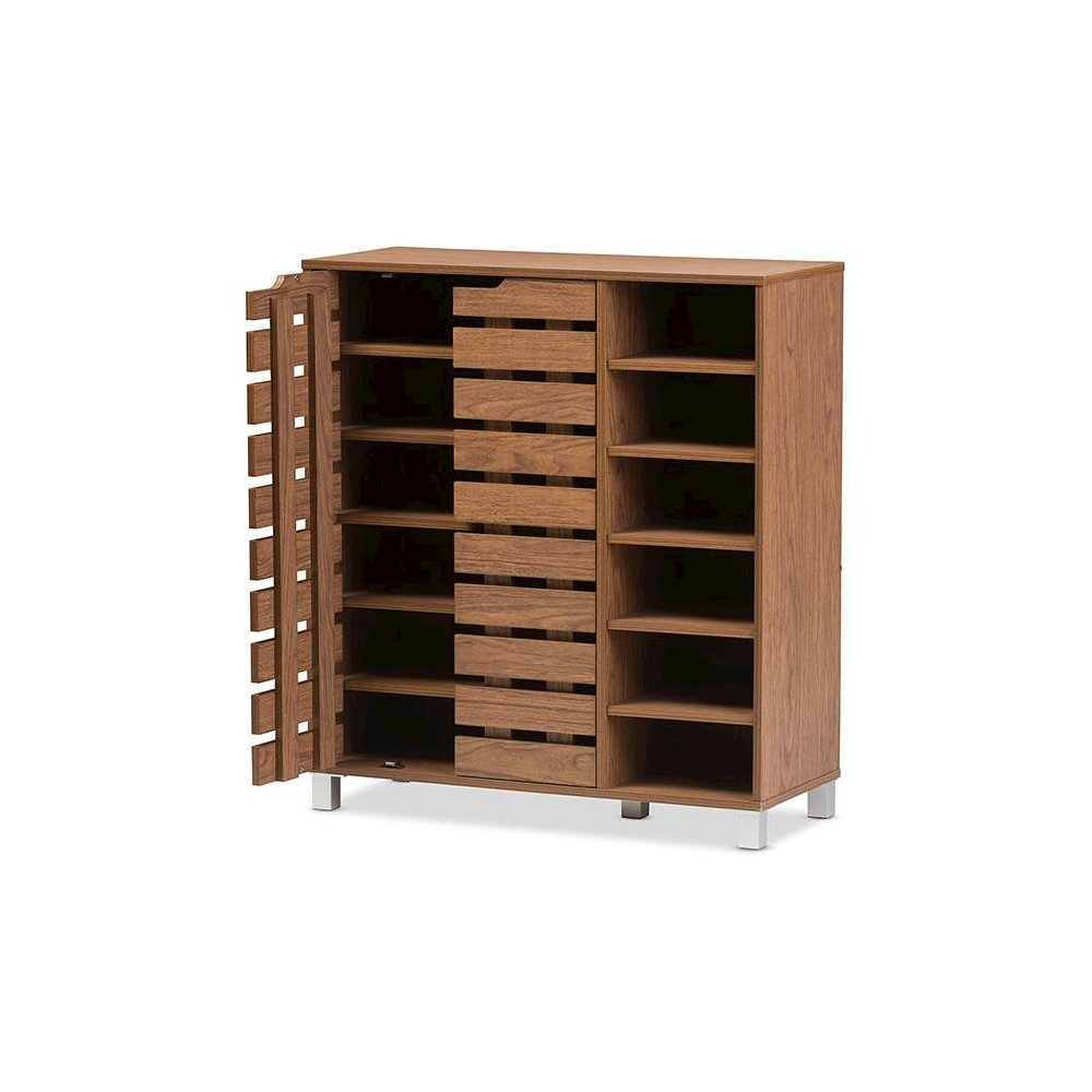 "Walnut" Medium Brown Wood 2-Door Shoe Cabinet with Open Shelves