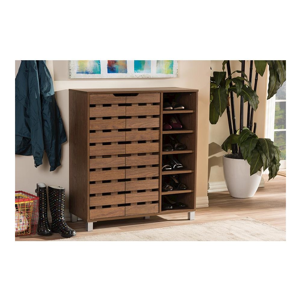 "Walnut" Medium Brown Wood 2-Door Shoe Cabinet with Open Shelves