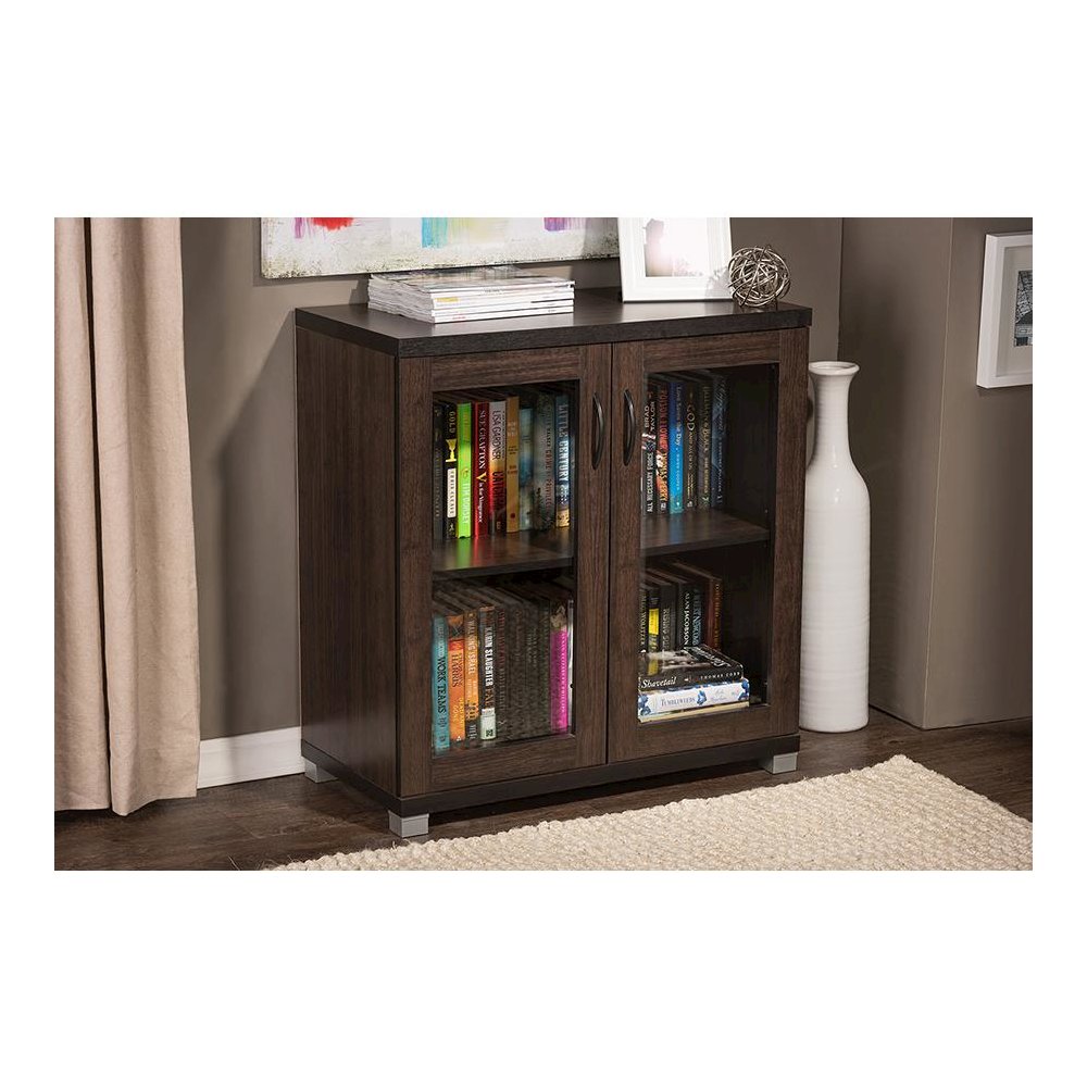 Dark Brown Sideboard Storage Cabinet with Glass Doors