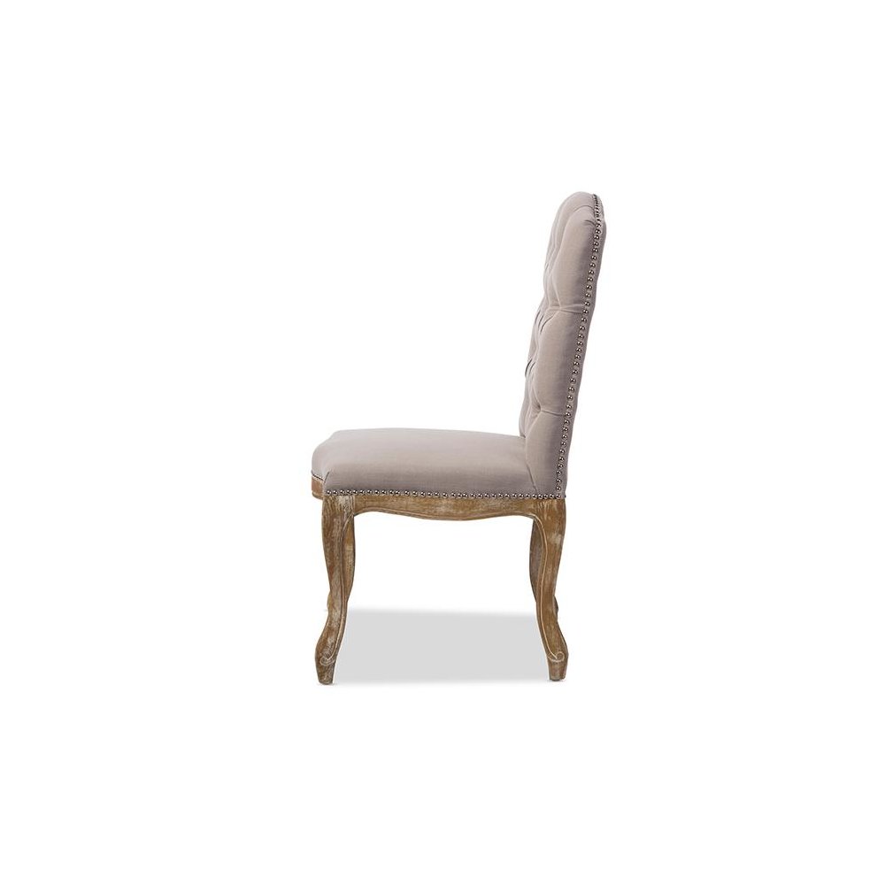 Cottage Weathered Oak Beige Fabric Button-tufted Upholstered Dining Chair