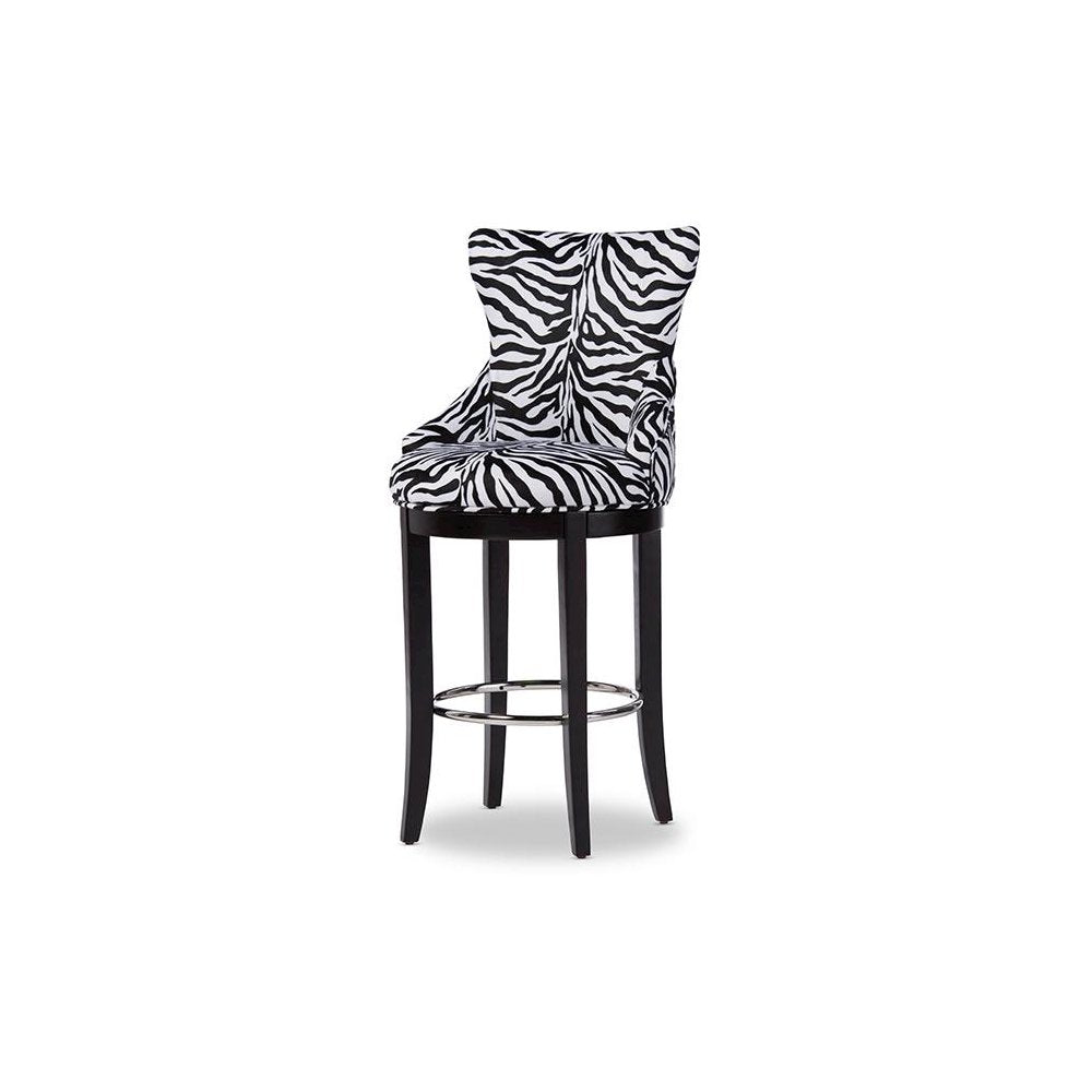 Zebra-print Patterned Fabric Upholstered Bar Stool with Metal Footrest