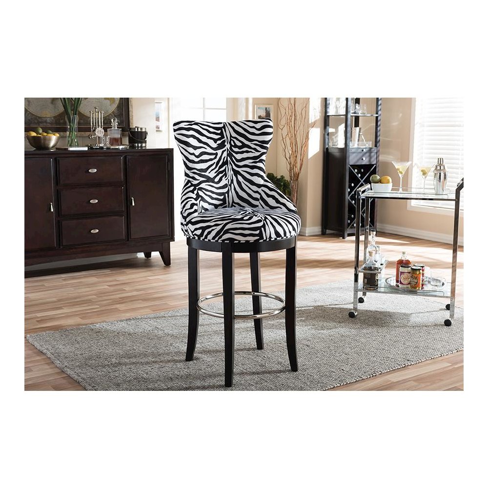 Zebra-print Patterned Fabric Upholstered Bar Stool with Metal Footrest