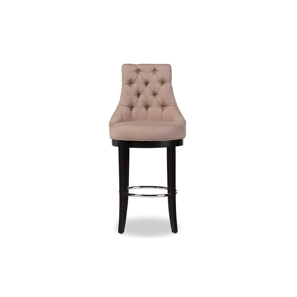 Button-tufted Beige Fabric Upholstered Bar Stool with Metal Footrest