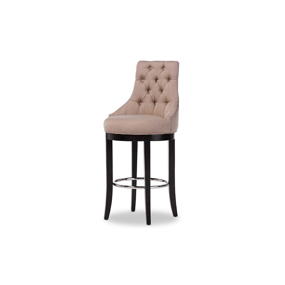 Button-tufted Beige Fabric Upholstered Bar Stool with Metal Footrest