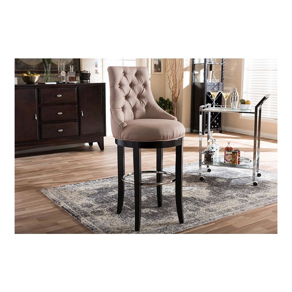 Button-tufted Beige Fabric Upholstered Bar Stool with Metal Footrest