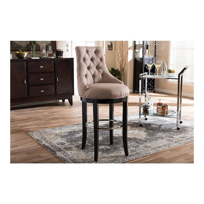 Button-tufted Beige Fabric Upholstered Bar Stool with Metal Footrest