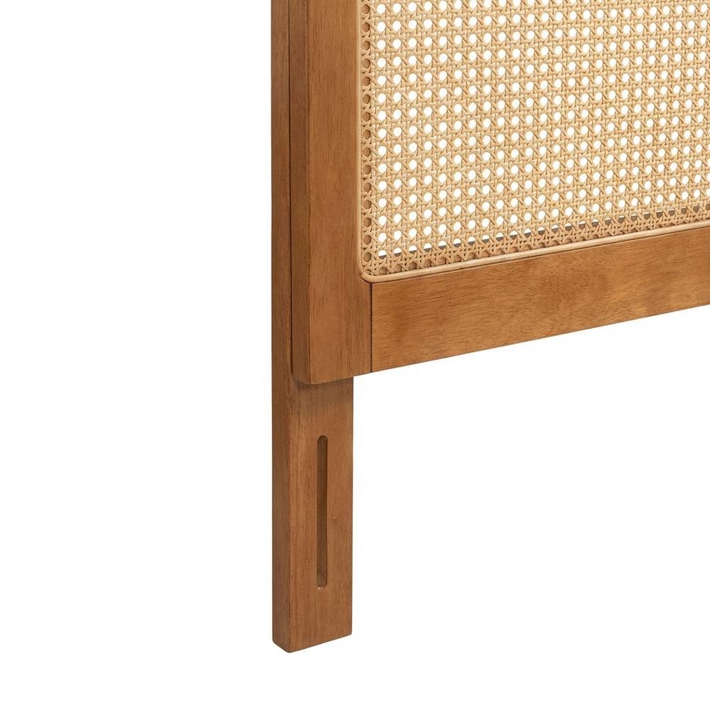 Ash Walnut Wood Queen Headboard with Rattan Panel and Traditional Design