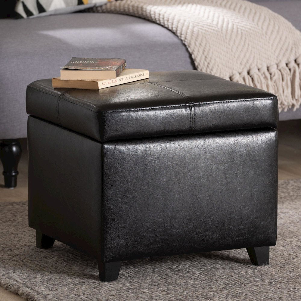 Baxton Studio Black Full Leather Storage Cube Ottoman