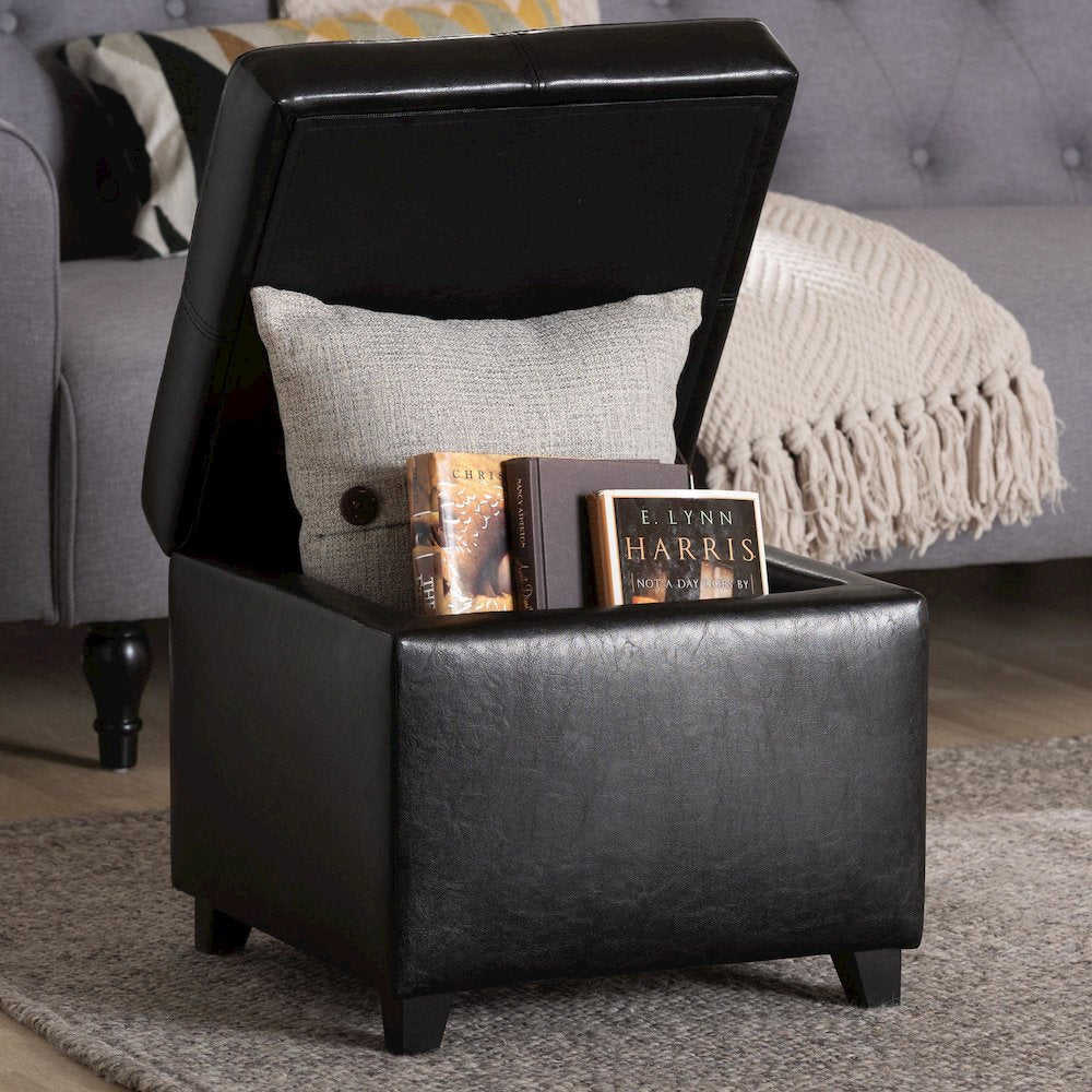 Baxton Studio Black Full Leather Storage Cube Ottoman