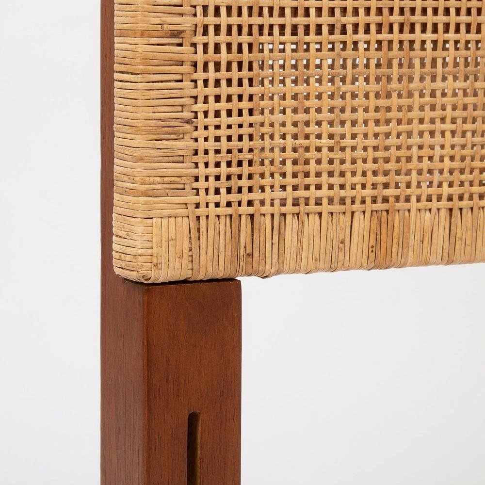 Red Teak Queen Headboard, Rattan Panels, Mahogany Wood Legs for Bohemian Decor