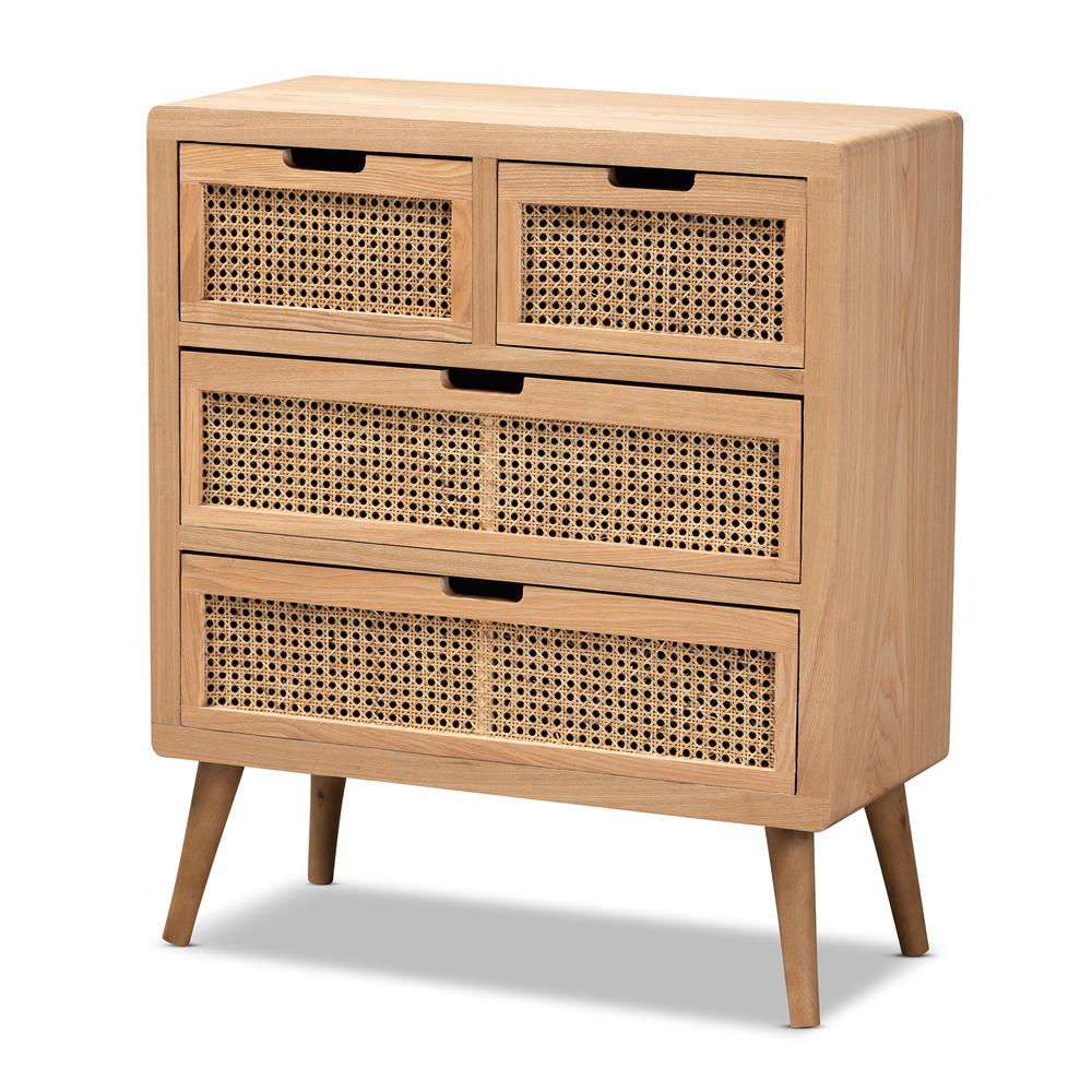 Medium Oak Finished Wood and Rattan 4-Drawer Accent Storage Cabinet