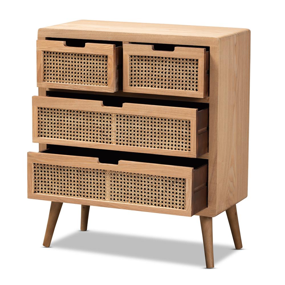 Medium Oak Finished Wood and Rattan 4-Drawer Accent Storage Cabinet