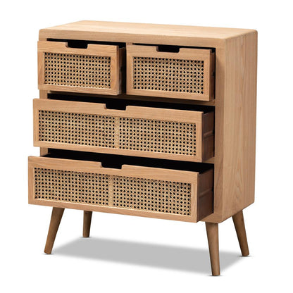 Medium Oak Finished Wood and Rattan 4-Drawer Accent Storage Cabinet