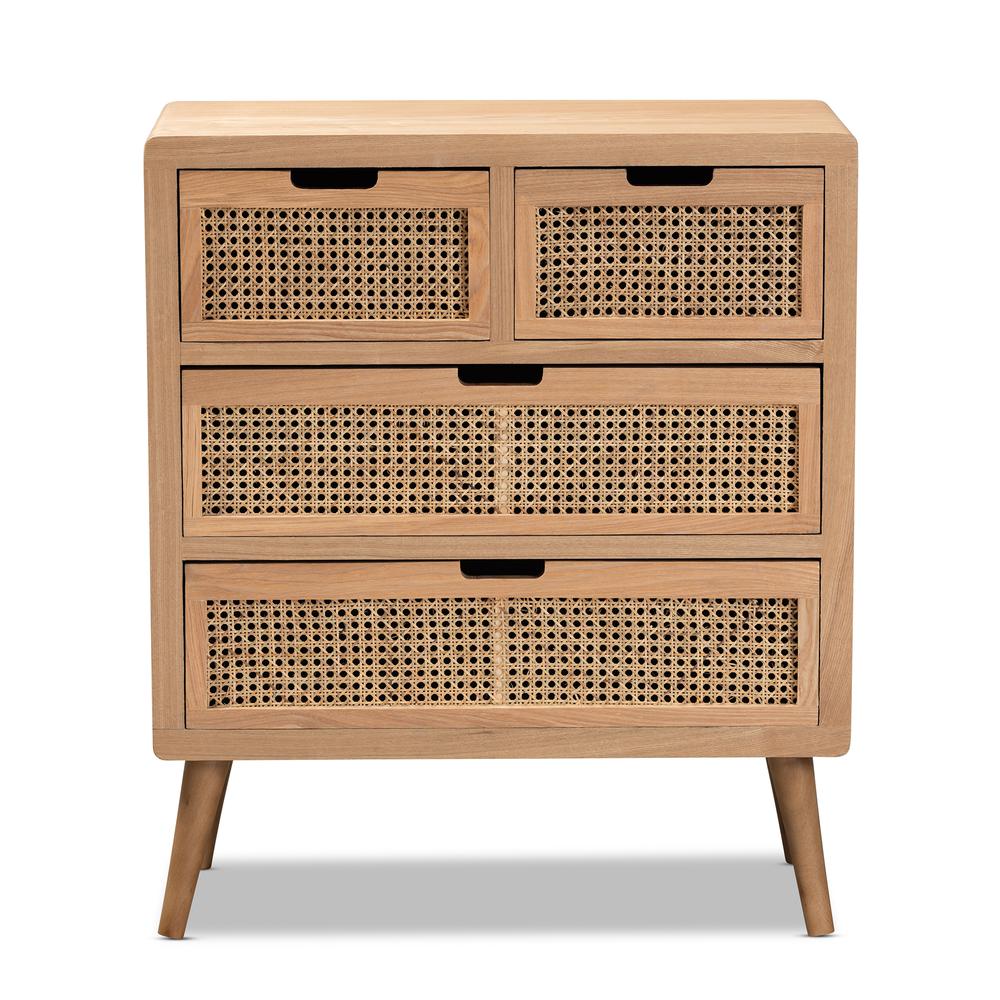 Medium Oak Finished Wood and Rattan 4-Drawer Accent Storage Cabinet