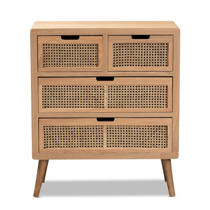 Medium Oak Finished Wood and Rattan 4-Drawer Accent Storage Cabinet