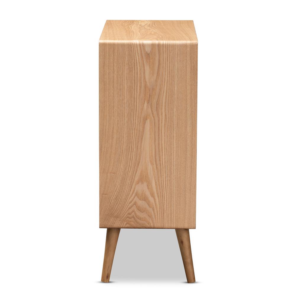 Medium Oak Finished Wood and Rattan 4-Drawer Accent Storage Cabinet