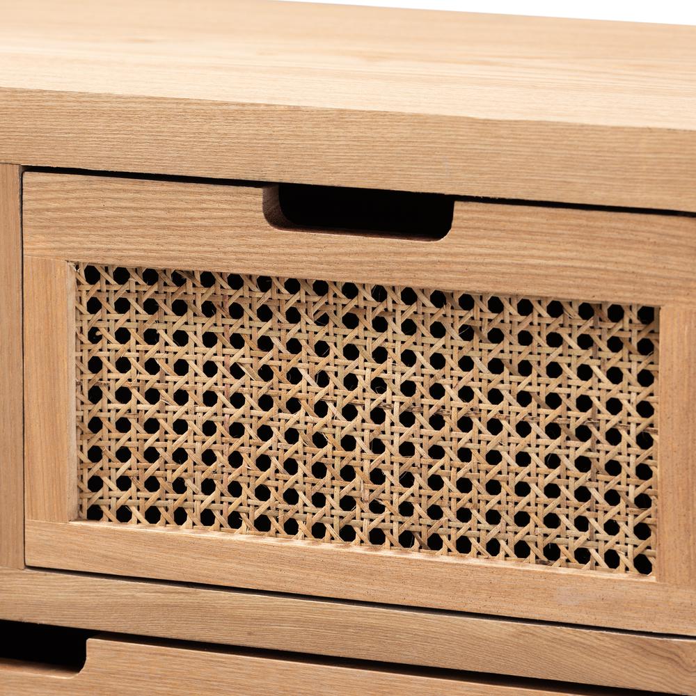 Medium Oak Finished Wood and Rattan 4-Drawer Accent Storage Cabinet