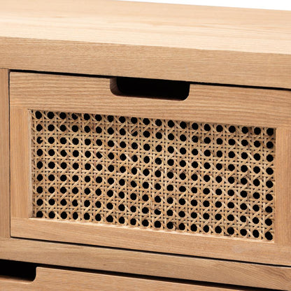 Medium Oak Finished Wood and Rattan 4-Drawer Accent Storage Cabinet