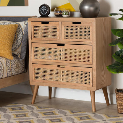 Medium Oak Finished Wood and Rattan 4-Drawer Accent Storage Cabinet
