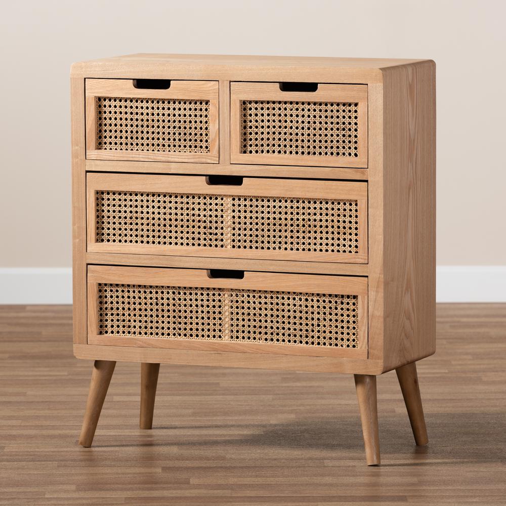 Medium Oak Finished Wood and Rattan 4-Drawer Accent Storage Cabinet