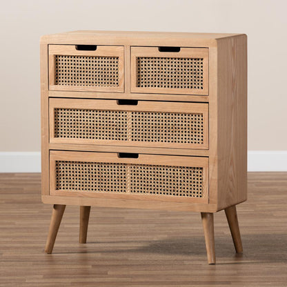 Medium Oak Finished Wood and Rattan 4-Drawer Accent Storage Cabinet