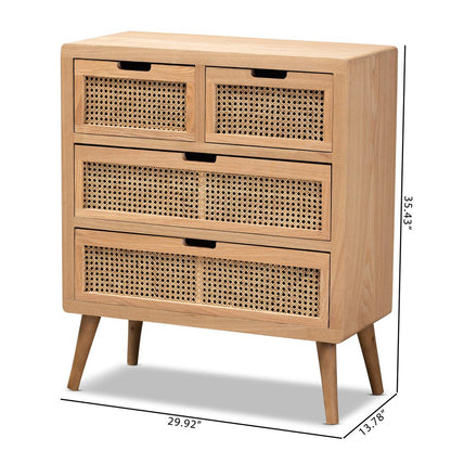 Medium Oak Finished Wood and Rattan 4-Drawer Accent Storage Cabinet