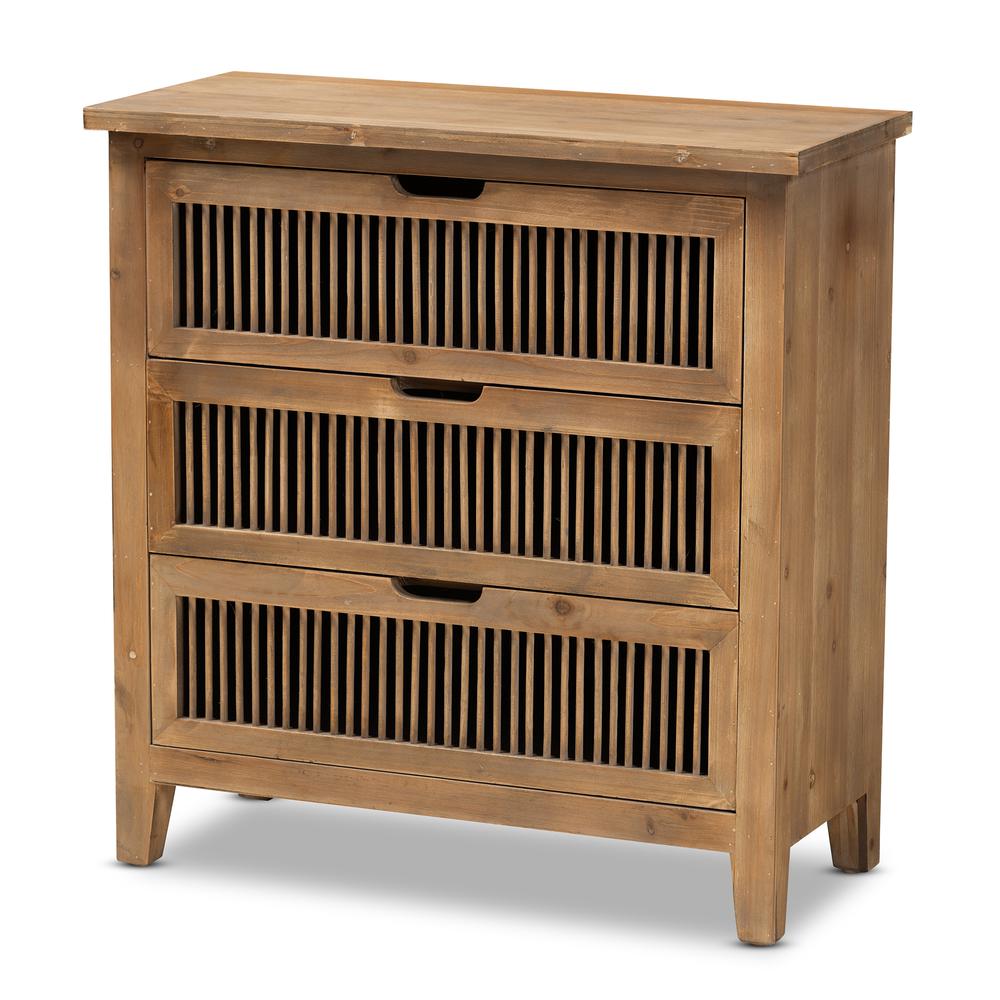 Transitional Medium Oak Finished 3-Drawer Wood Spindle Storage Cabinet