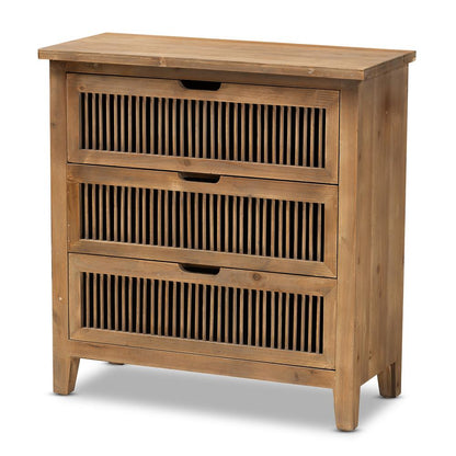 Transitional Medium Oak Finished 3-Drawer Wood Spindle Storage Cabinet