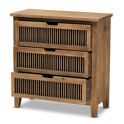 Transitional Medium Oak Finished 3-Drawer Wood Spindle Storage Cabinet