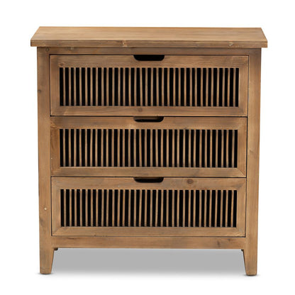 Transitional Medium Oak Finished 3-Drawer Wood Spindle Storage Cabinet