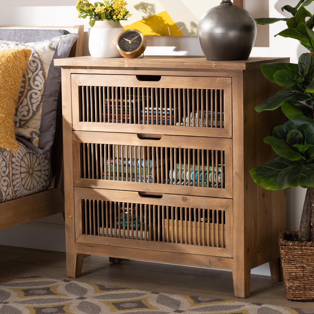 Transitional Medium Oak Finished 3-Drawer Wood Spindle Storage Cabinet