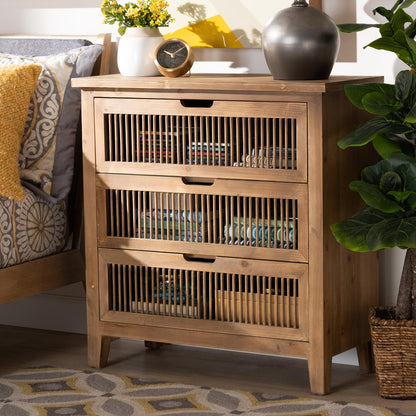 Transitional Medium Oak Finished 3-Drawer Wood Spindle Storage Cabinet