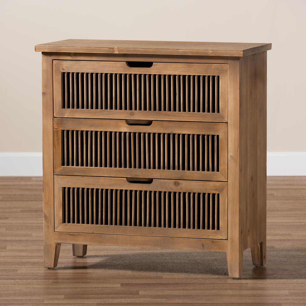 Transitional Medium Oak Finished 3-Drawer Wood Spindle Storage Cabinet