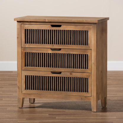 Transitional Medium Oak Finished 3-Drawer Wood Spindle Storage Cabinet