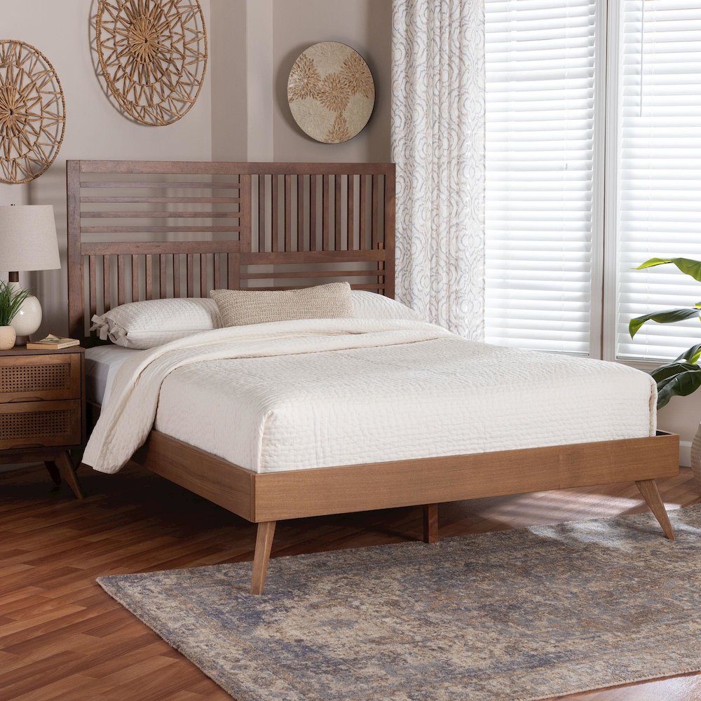 Gemma Platform Bed - Mid-Century Modern Bed Frame with Slatted Headboard, Queen