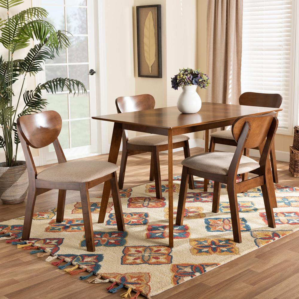 Sand Fabric Upholstered and Walnut Brown Finished Wood 5-Piece Dining Set