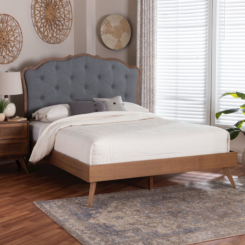 Aithan Platform Bed - Mid-Century Modern Bed with Upholstered Headboard, Queen