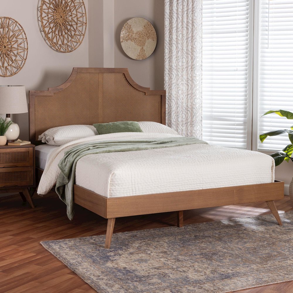 Rodolfo Platform Bed - Mid-Century Modern Bed with Woven Rattan Headboard, Queen